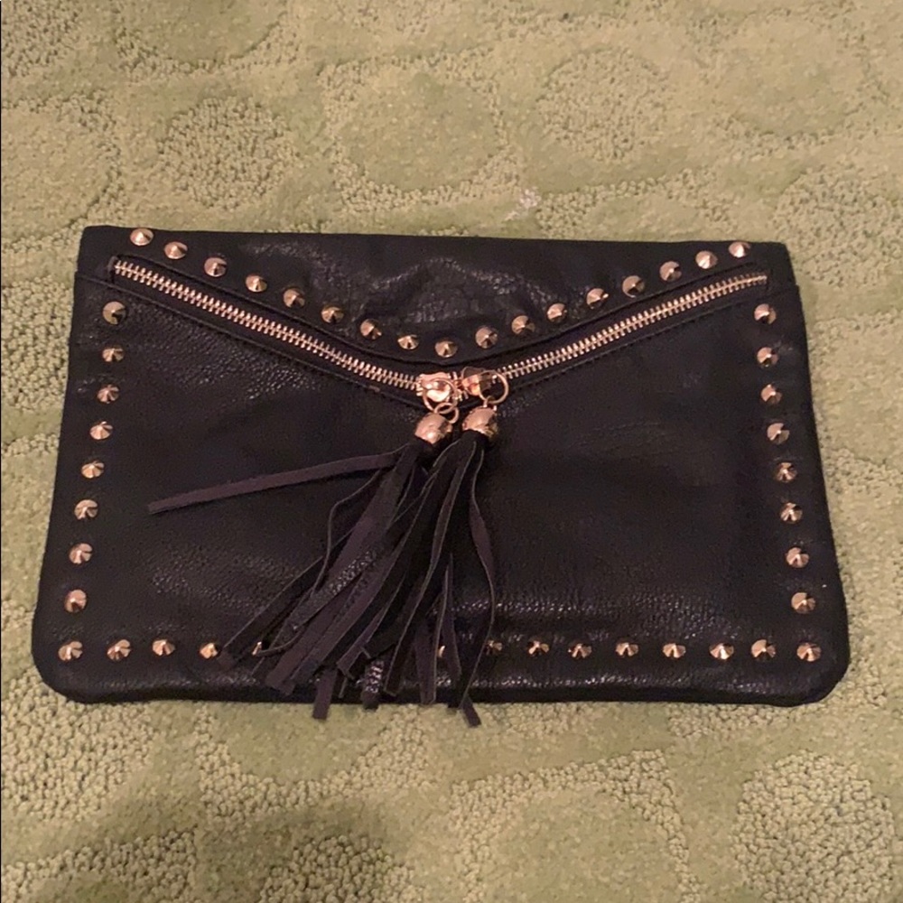 Black leather fringe clutch